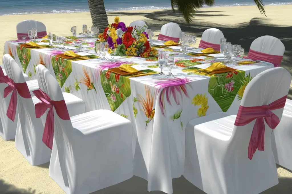 Elegant disposable covers at a sunset beach wedding Elegant disposable covers at a sunset beach wedding